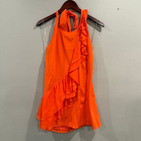 Alice + Olivia Silk Halter Backless Mini Dress Asymmetrical Ruffle Orange Sz Med - Picture 4 of 13